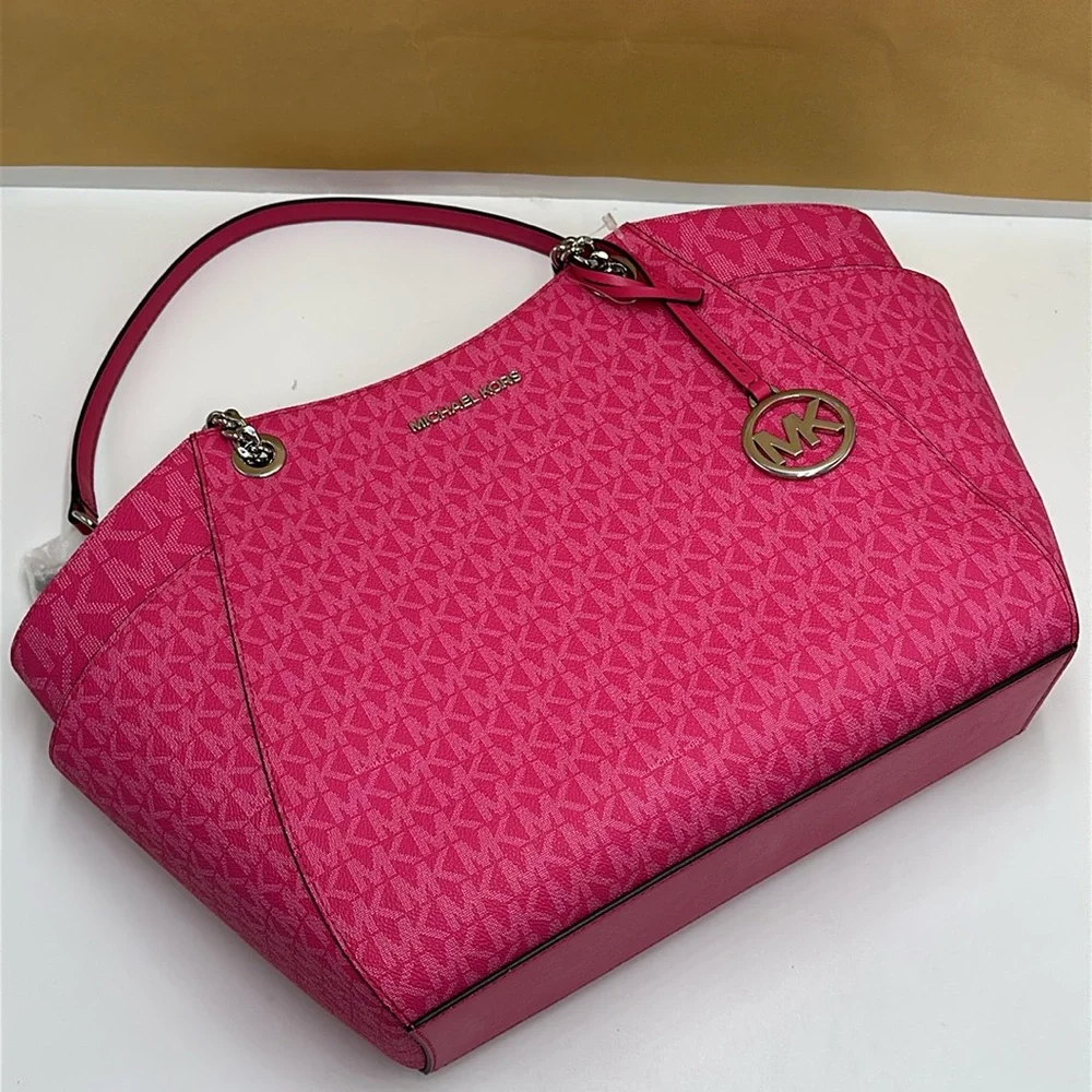 MICHAEL KORS  Jet Set Travel Large Signature Chain Shoulder Tote Bag Dragonfruit - Picture 13 of 14